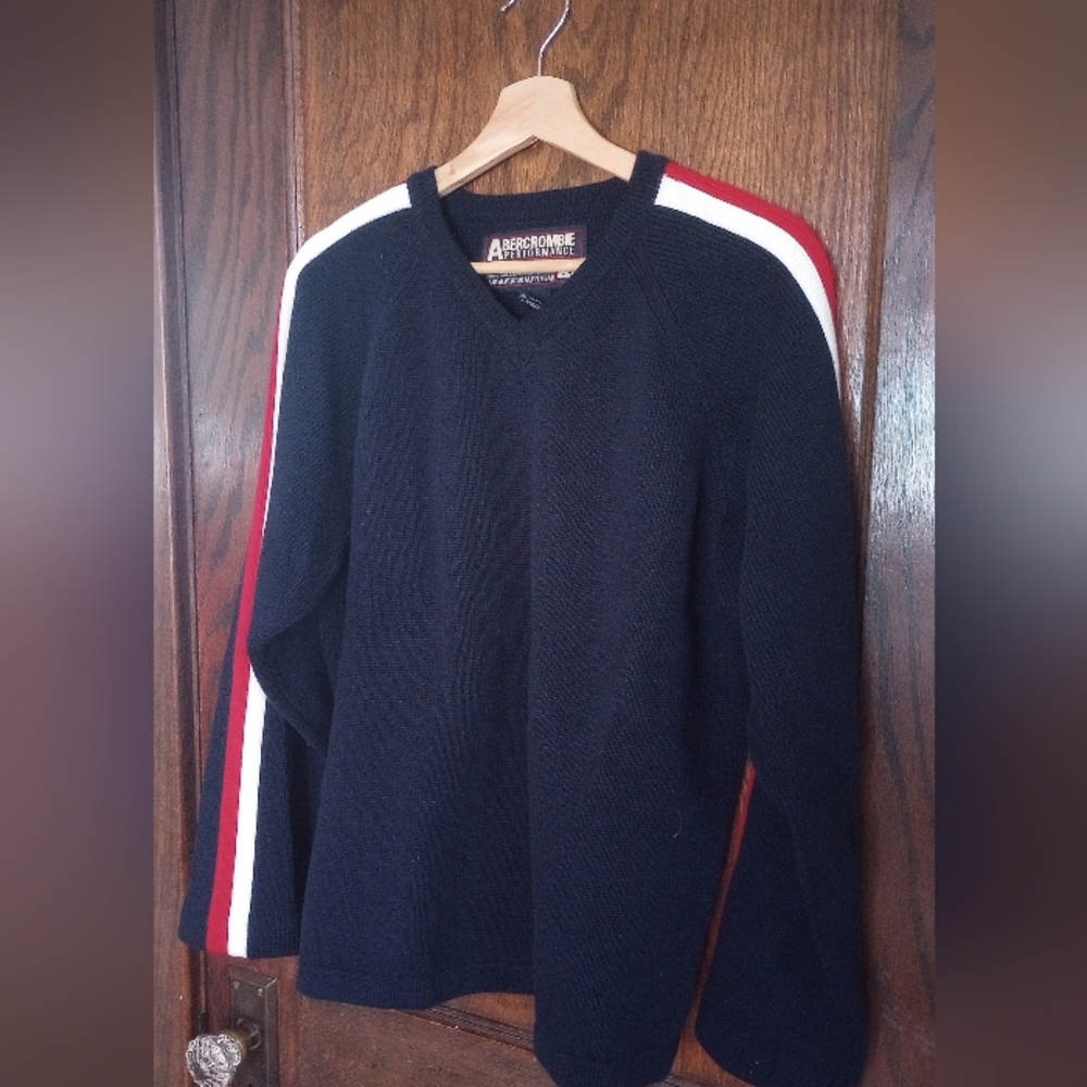 Vtg A&F Cotton Sweater V-Neck Abercrombie & Fitch Sporty Arm Stripe